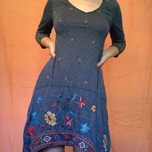 Beautiful Grey Embroidered Floral Long Sleeve Dress